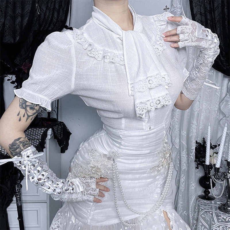 Ethereal White Lace Puff Sleeve Blouse - Victorian Tie-Neck Ruffle Top for Fall & Halloween