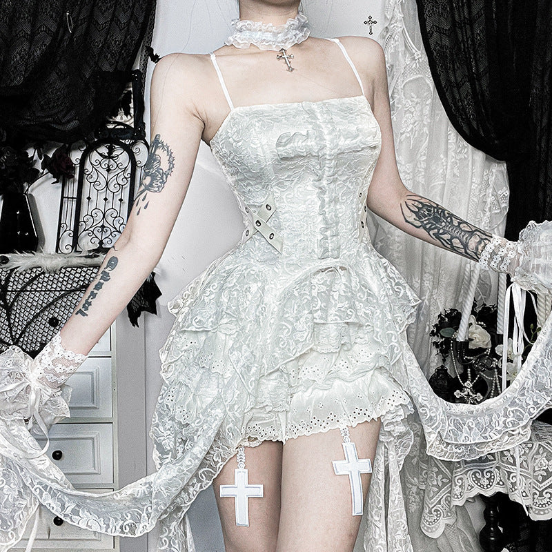Ethereal Gothic White Lace Corset Cami Top - Fall Festivals & Halloween Party Ready