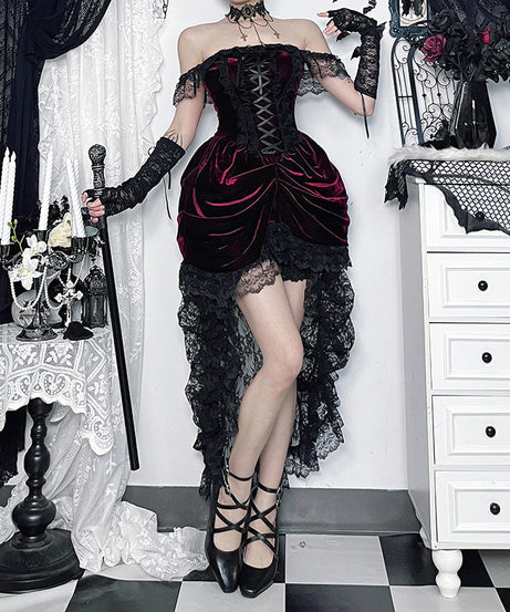 Bewitching Velvet & Lace Off-Shoulder High-Low Dress - Perfect for Halloween & Fall Parties