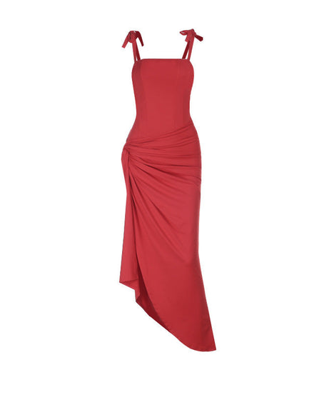 Radiant Ruby Red Tie-Shoulder Ruched Maxi Dress - Fall & Holiday Party Perfect