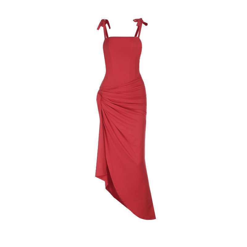 Radiant Ruby Red Tie-Shoulder Ruched Maxi Dress - Fall & Holiday Party Perfect