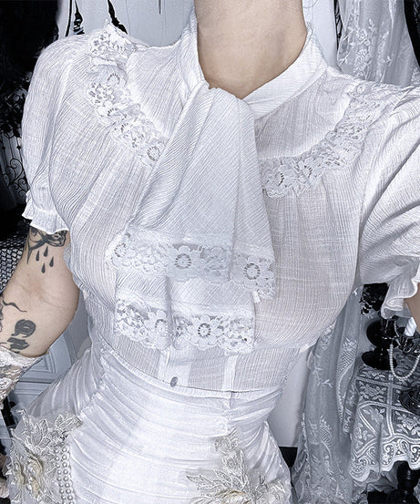 Ethereal White Lace Puff Sleeve Blouse - Victorian Tie-Neck Ruffle Top for Fall & Halloween