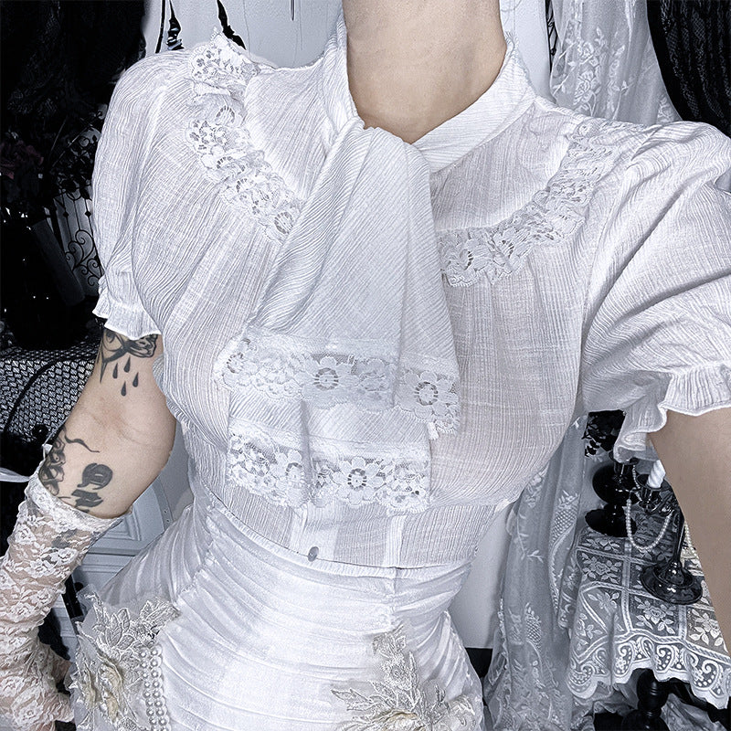Ethereal White Lace Puff Sleeve Blouse - Victorian Tie-Neck Ruffle Top for Fall & Halloween