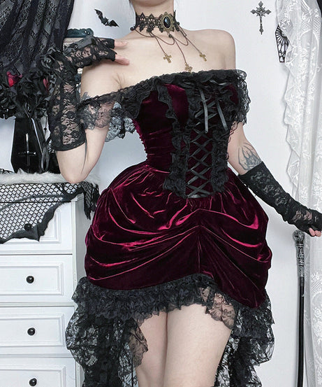 Bewitching Velvet & Lace Off-Shoulder High-Low Dress - Perfect for Halloween & Fall Parties
