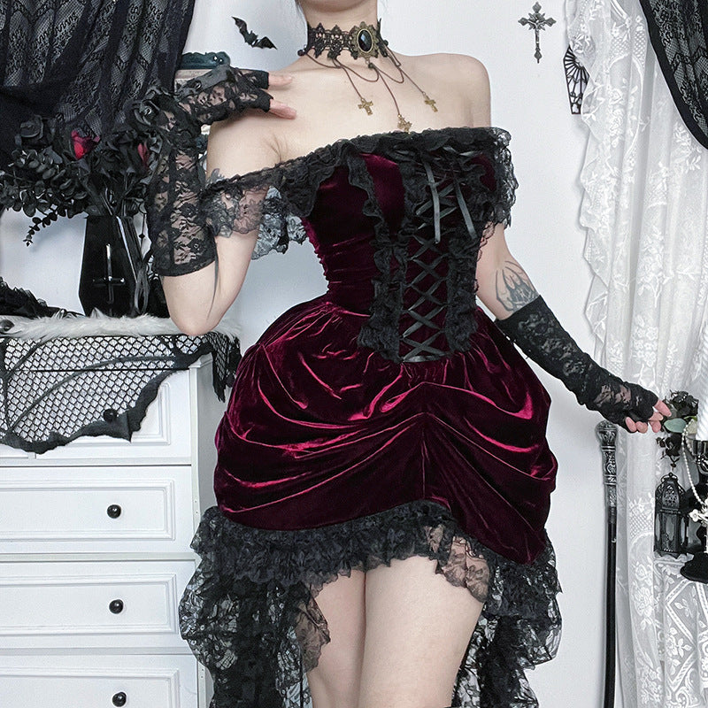 Bewitching Velvet & Lace Off-Shoulder High-Low Dress - Perfect for Halloween & Fall Parties