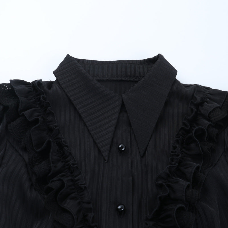 Chic Victorian Ruffle Collar Peplum Blouse - Elegant Fall & Holiday Button-Up Top