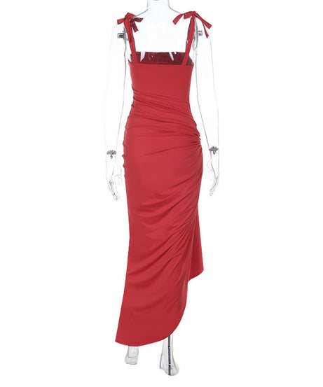 Radiant Ruby Red Tie-Shoulder Ruched Maxi Dress - Fall & Holiday Party Perfect