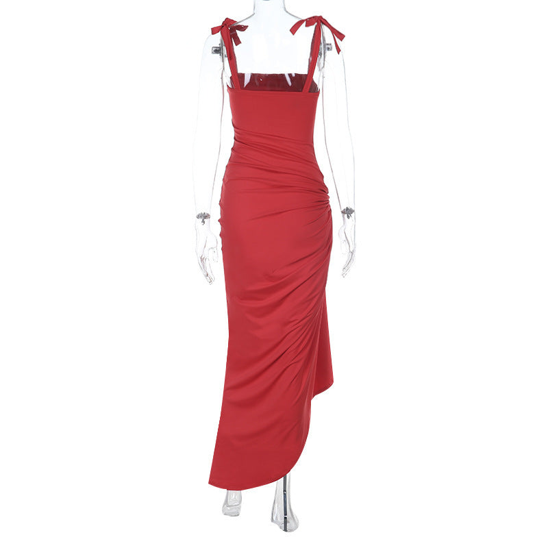 Radiant Ruby Red Tie-Shoulder Ruched Maxi Dress - Fall & Holiday Party Perfect