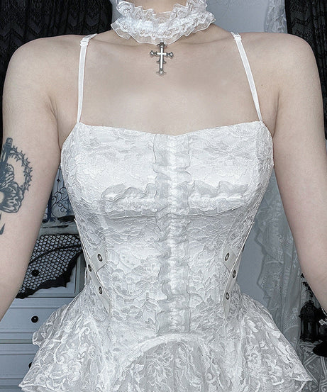 Ethereal Gothic White Lace Corset Cami Top - Fall Festivals & Halloween Party Ready