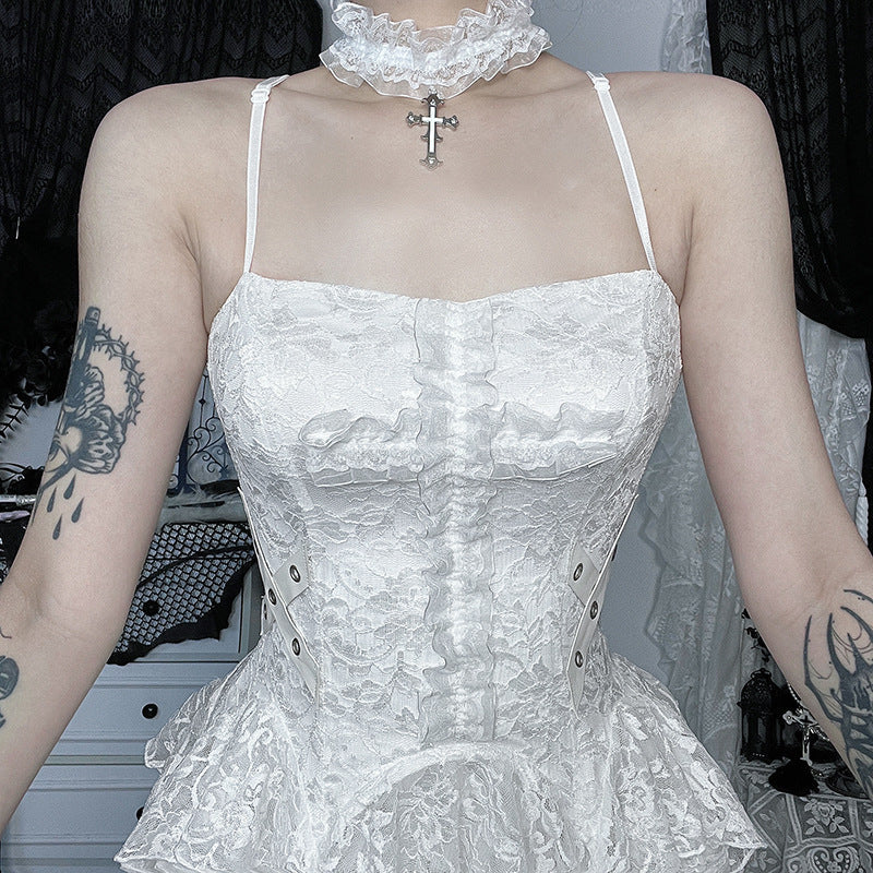 Ethereal Gothic White Lace Corset Cami Top - Fall Festivals & Halloween Party Ready