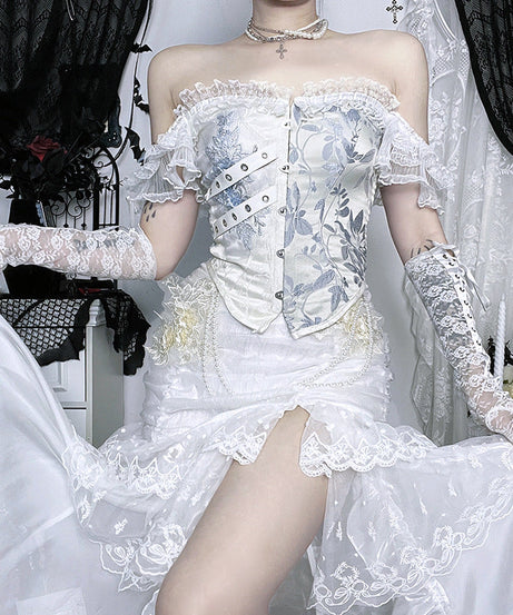 Gothic Romance Blue Floral Brocade Corset Top - Off-Shoulder Holiday Party Chic