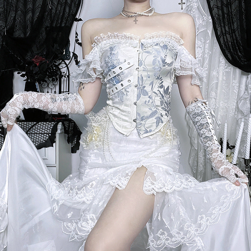 Gothic Romance Blue Floral Brocade Corset Top - Off-Shoulder Holiday Party Chic