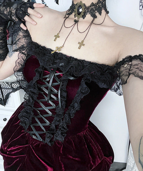 Bewitching Velvet & Lace Off-Shoulder High-Low Dress - Perfect for Halloween & Fall Parties