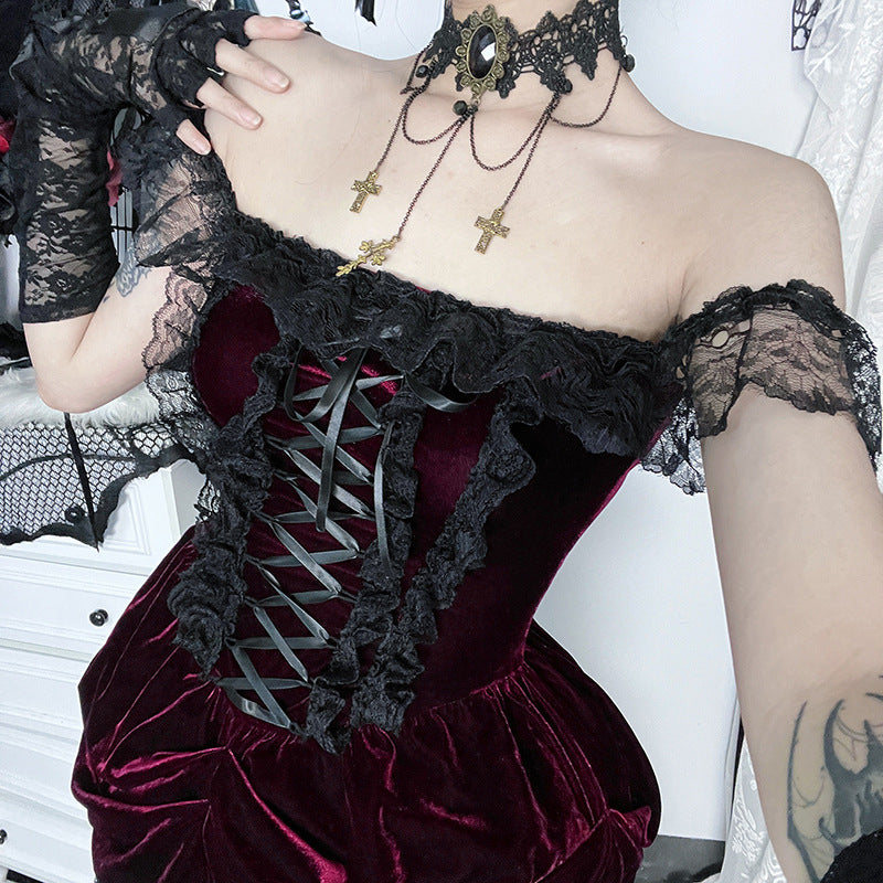 Bewitching Velvet & Lace Off-Shoulder High-Low Dress - Perfect for Halloween & Fall Parties