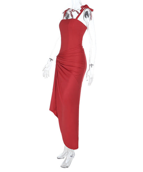 Radiant Ruby Red Tie-Shoulder Ruched Maxi Dress - Fall & Holiday Party Perfect