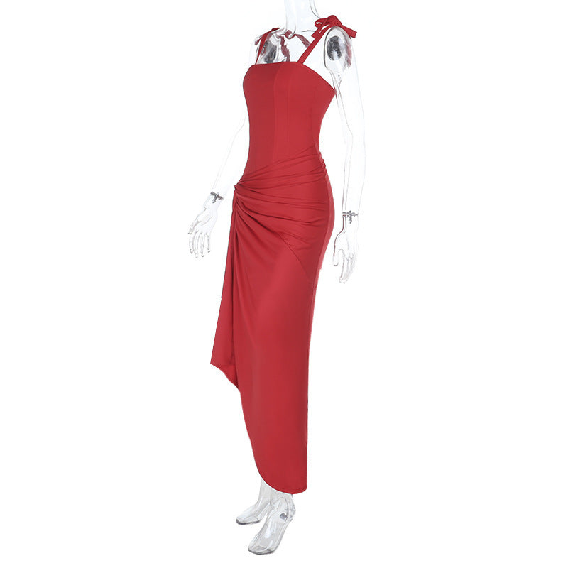 Radiant Ruby Red Tie-Shoulder Ruched Maxi Dress - Fall & Holiday Party Perfect