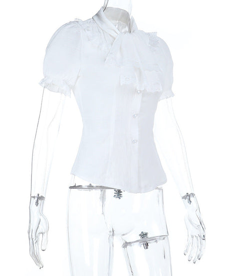 Ethereal White Lace Puff Sleeve Blouse - Victorian Tie-Neck Ruffle Top for Fall & Halloween
