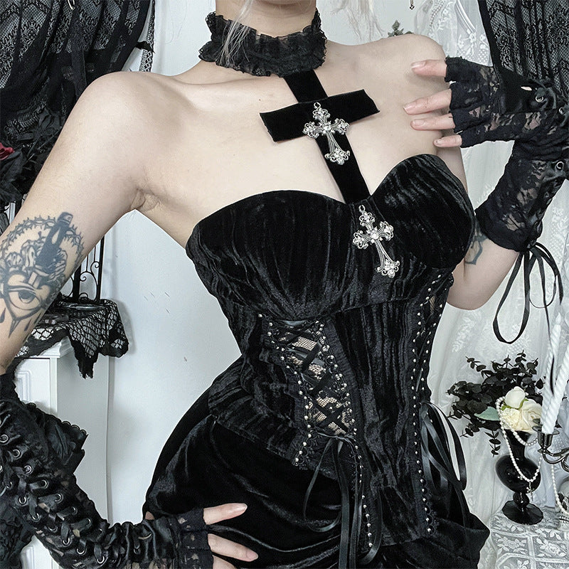 Dark Romance: Gothic Velvet Strapless Corset Top with Ornate Cross Choker – Fall & Halloween Statement Piece