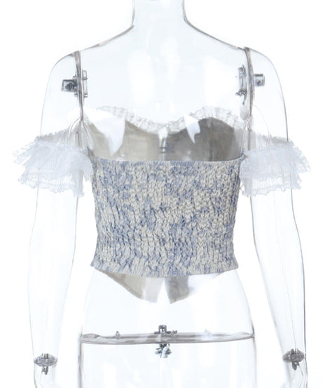 Gothic Romance Blue Floral Brocade Corset Top - Off-Shoulder Holiday Party Chic