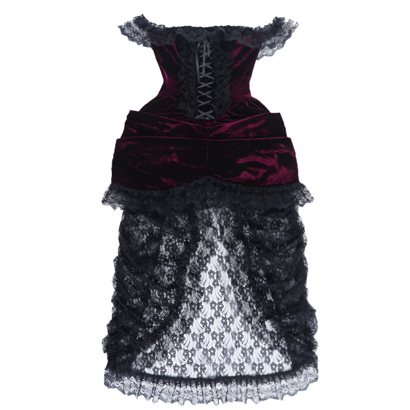 Bewitching Velvet & Lace Off-Shoulder High-Low Dress - Perfect for Halloween & Fall Parties