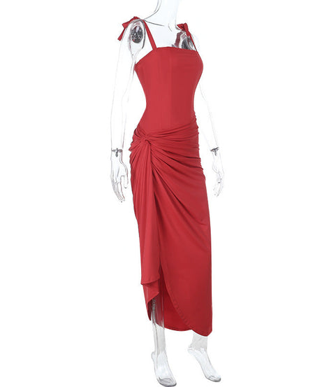 Radiant Ruby Red Tie-Shoulder Ruched Maxi Dress - Fall & Holiday Party Perfect