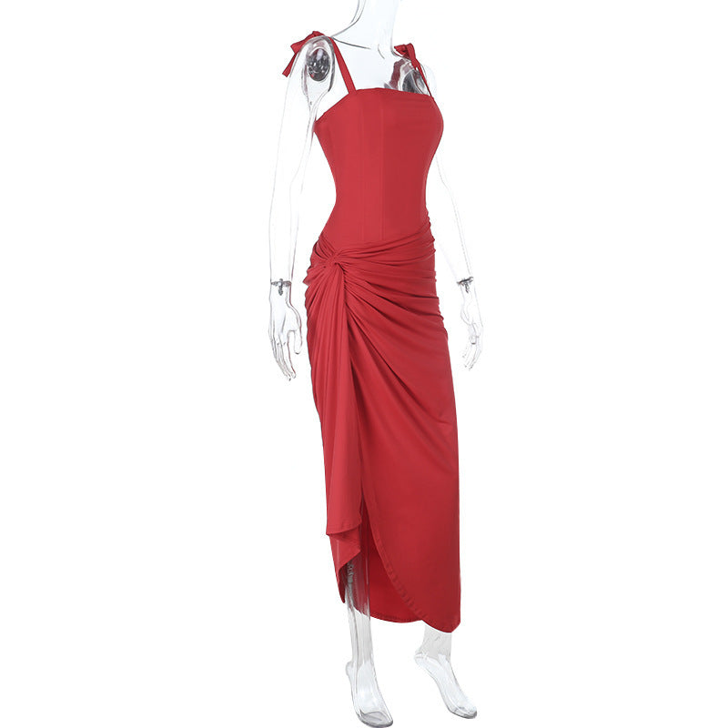 Radiant Ruby Red Tie-Shoulder Ruched Maxi Dress - Fall & Holiday Party Perfect