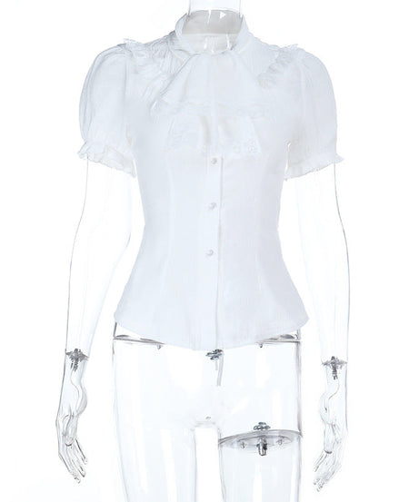 Ethereal White Lace Puff Sleeve Blouse - Victorian Tie-Neck Ruffle Top for Fall & Halloween