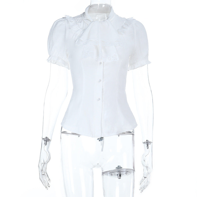 Ethereal White Lace Puff Sleeve Blouse - Victorian Tie-Neck Ruffle Top for Fall & Halloween