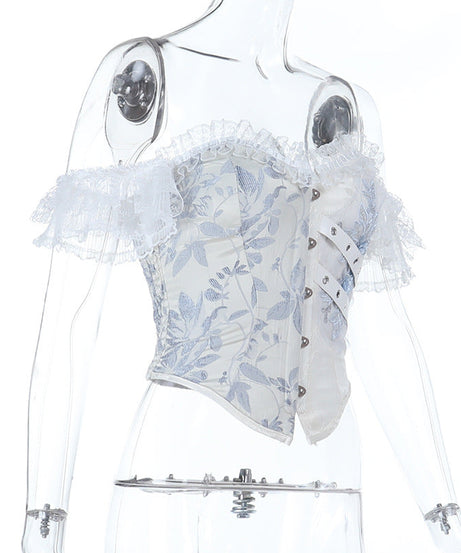 Gothic Romance Blue Floral Brocade Corset Top - Off-Shoulder Holiday Party Chic