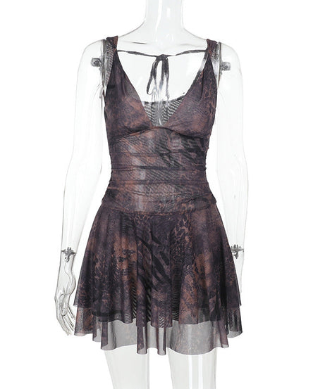 Sultry Siren Blue Mesh Mini Dress - Abstract Animal Print V-Neck for Fall Nights Out