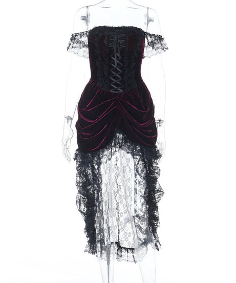 Bewitching Velvet & Lace Off-Shoulder High-Low Dress - Perfect for Halloween & Fall Parties