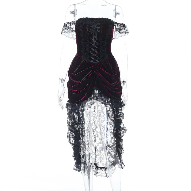 Bewitching Velvet & Lace Off-Shoulder High-Low Dress - Perfect for Halloween & Fall Parties