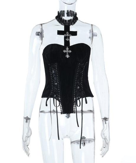 Dark Romance: Gothic Velvet Strapless Corset Top with Ornate Cross Choker – Fall & Halloween Statement Piece