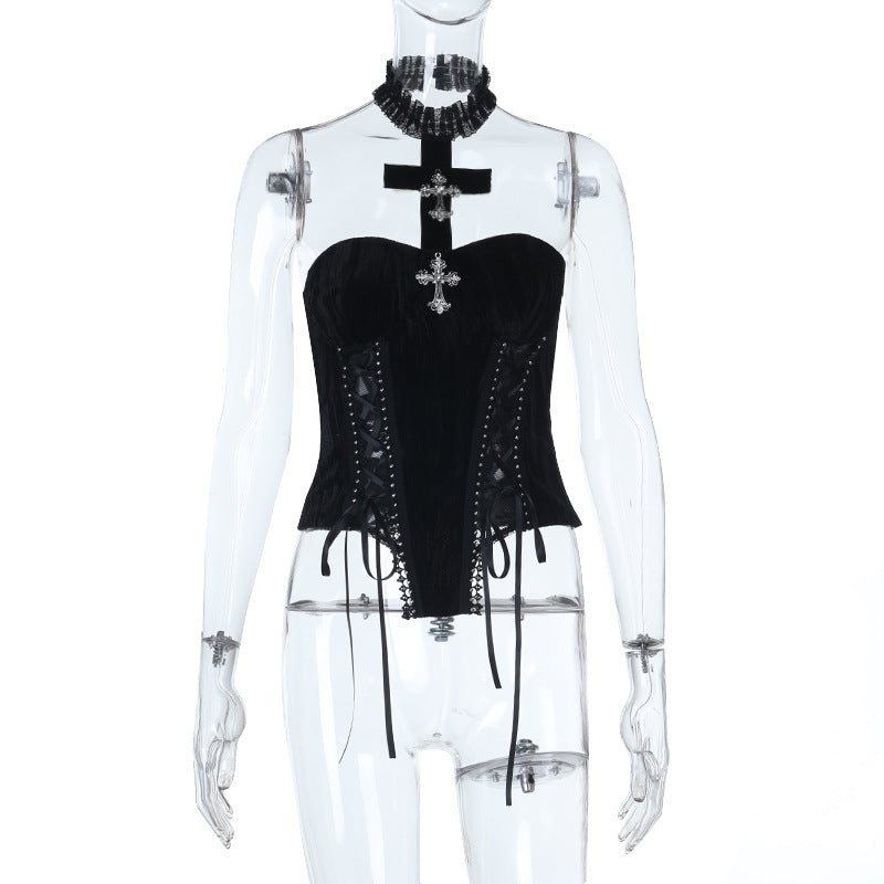 Dark Romance: Gothic Velvet Strapless Corset Top with Ornate Cross Choker – Fall & Halloween Statement Piece