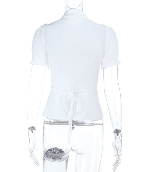 Ethereal White Lace Puff Sleeve Blouse - Victorian Tie-Neck Ruffle Top for Fall & Halloween