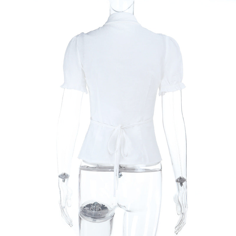 Ethereal White Lace Puff Sleeve Blouse - Victorian Tie-Neck Ruffle Top for Fall & Halloween