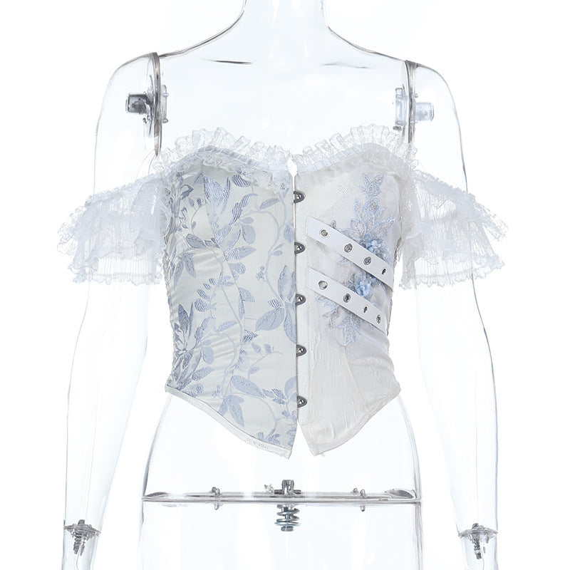 Gothic Romance Blue Floral Brocade Corset Top - Off-Shoulder Holiday Party Chic