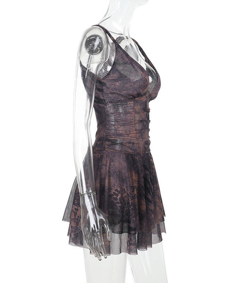 Sultry Siren Blue Mesh Mini Dress - Abstract Animal Print V-Neck for Fall Nights Out