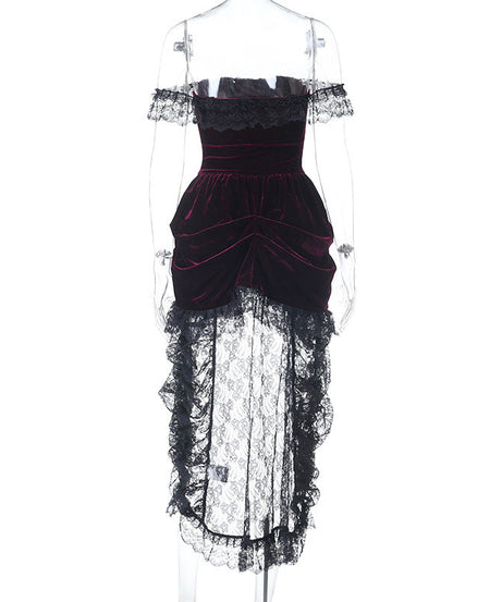 Bewitching Velvet & Lace Off-Shoulder High-Low Dress - Perfect for Halloween & Fall Parties