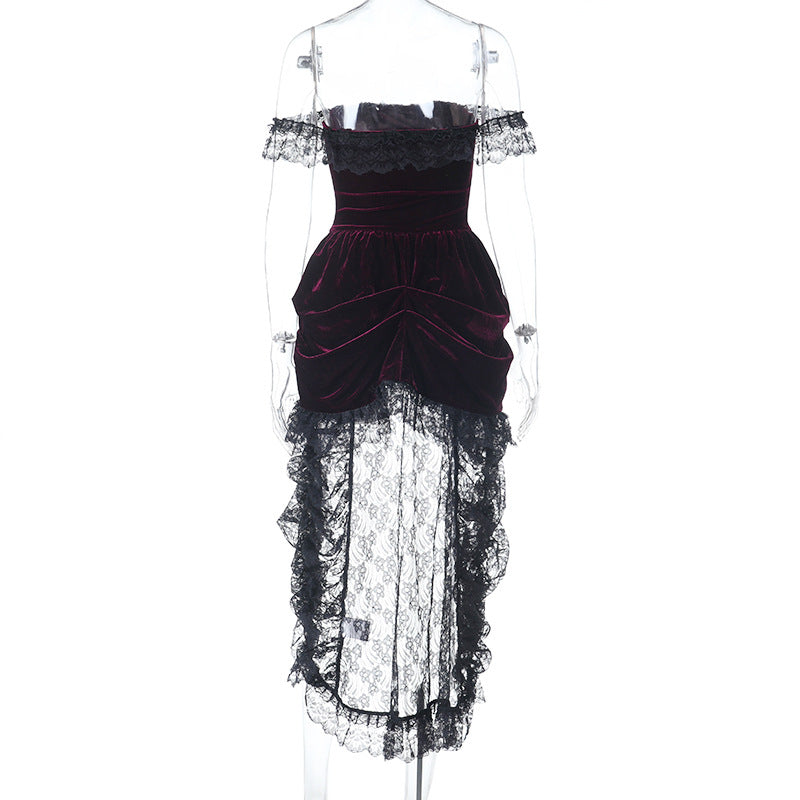 Bewitching Velvet & Lace Off-Shoulder High-Low Dress - Perfect for Halloween & Fall Parties