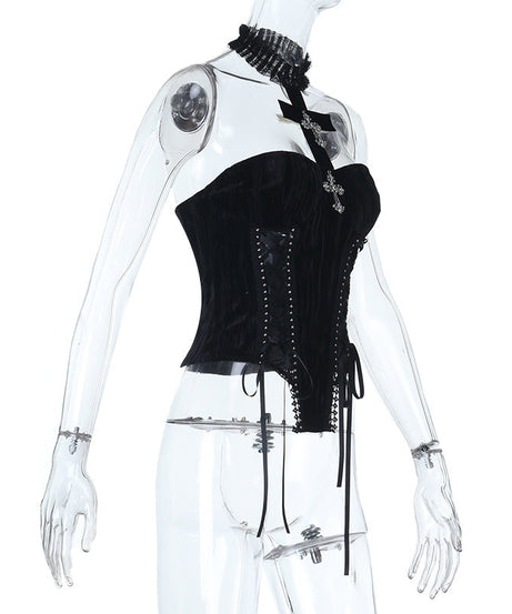 Dark Romance: Gothic Velvet Strapless Corset Top with Ornate Cross Choker – Fall & Halloween Statement Piece