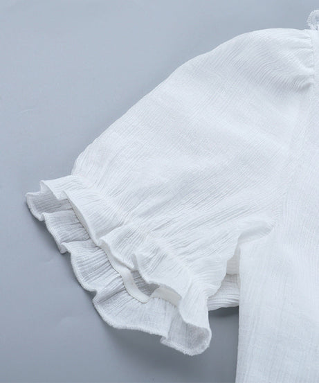 Ethereal White Lace Puff Sleeve Blouse - Victorian Tie-Neck Ruffle Top for Fall & Halloween