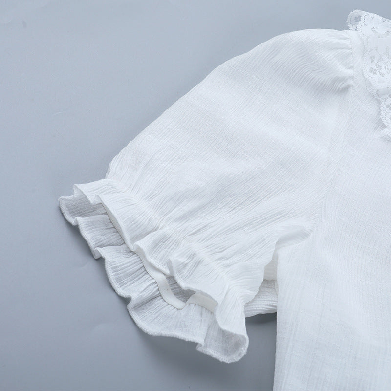 Ethereal White Lace Puff Sleeve Blouse - Victorian Tie-Neck Ruffle Top for Fall & Halloween