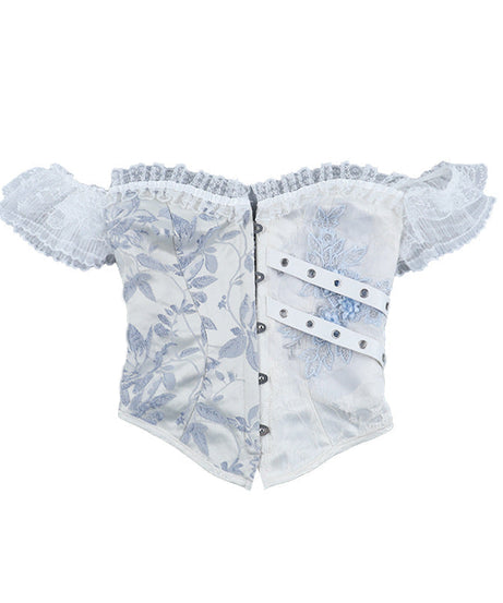 Gothic Romance Blue Floral Brocade Corset Top - Off-Shoulder Holiday Party Chic