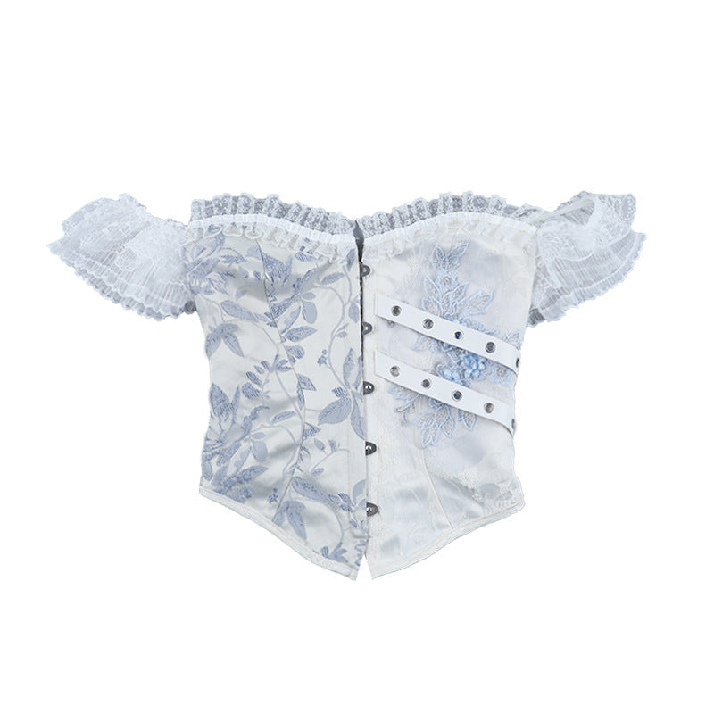 Gothic Romance Blue Floral Brocade Corset Top - Off-Shoulder Holiday Party Chic