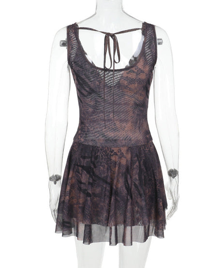 Sultry Siren Blue Mesh Mini Dress - Abstract Animal Print V-Neck for Fall Nights Out