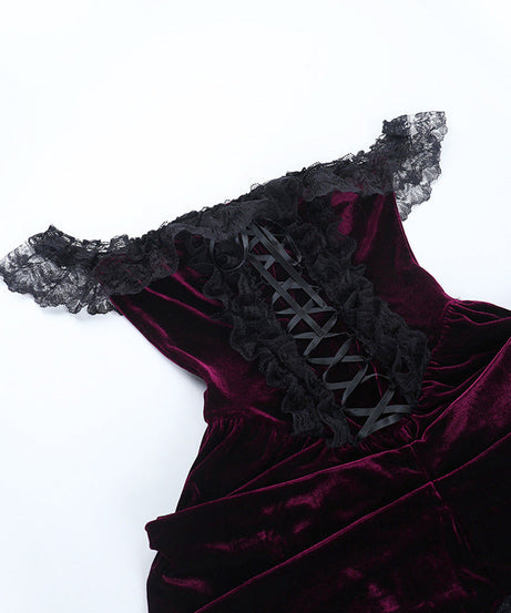 Bewitching Velvet & Lace Off-Shoulder High-Low Dress - Perfect for Halloween & Fall Parties