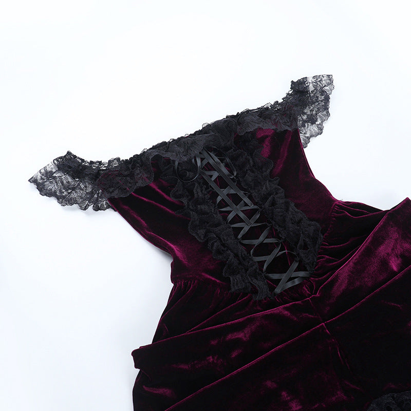 Bewitching Velvet & Lace Off-Shoulder High-Low Dress - Perfect for Halloween & Fall Parties