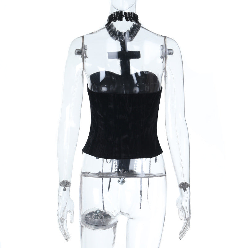 Dark Romance: Gothic Velvet Strapless Corset Top with Ornate Cross Choker – Fall & Halloween Statement Piece