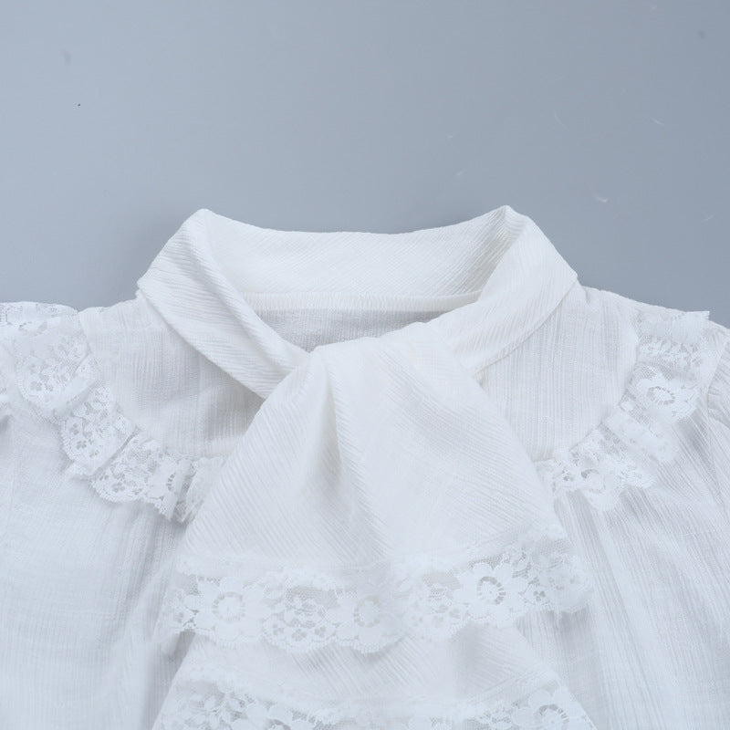 Ethereal White Lace Puff Sleeve Blouse - Victorian Tie-Neck Ruffle Top for Fall & Halloween